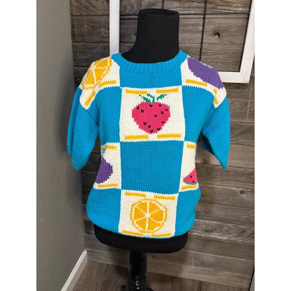 The Eagle's Eye vintage teal strawberry lemon grape sweater women's size M - Picture 1 of 7